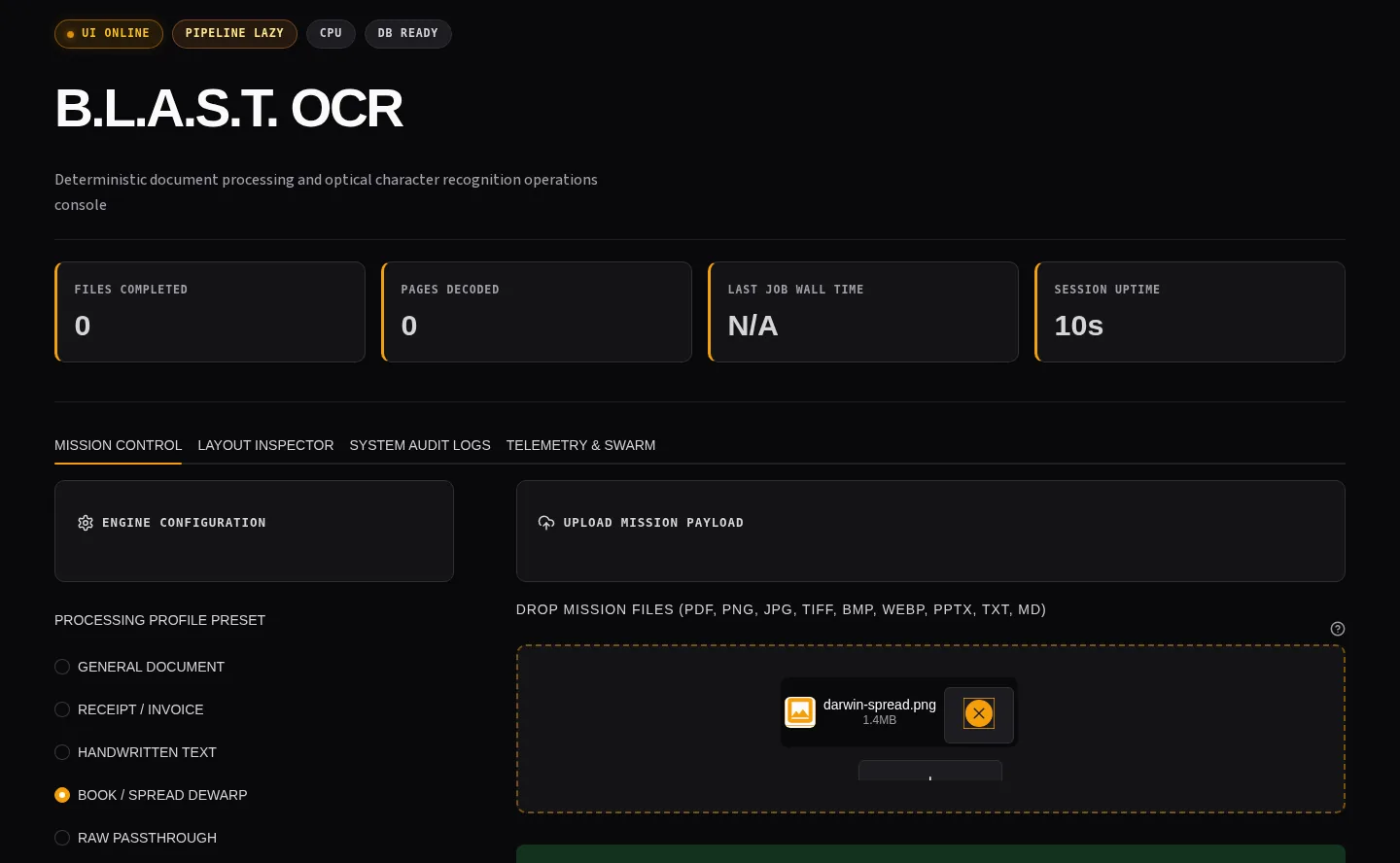 The B.L.A.S.T. OCR web app: counters for files completed, pages decoded and job time, the Book / Spread Dewarp preset selected, a scanned spread uploaded and an Execute OCR Engine button
