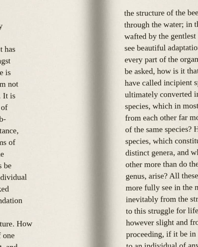 Close-up of a book spread, typeset from Darwin's 1859 text and made to look like a scan, where the two pages meet at the gutter