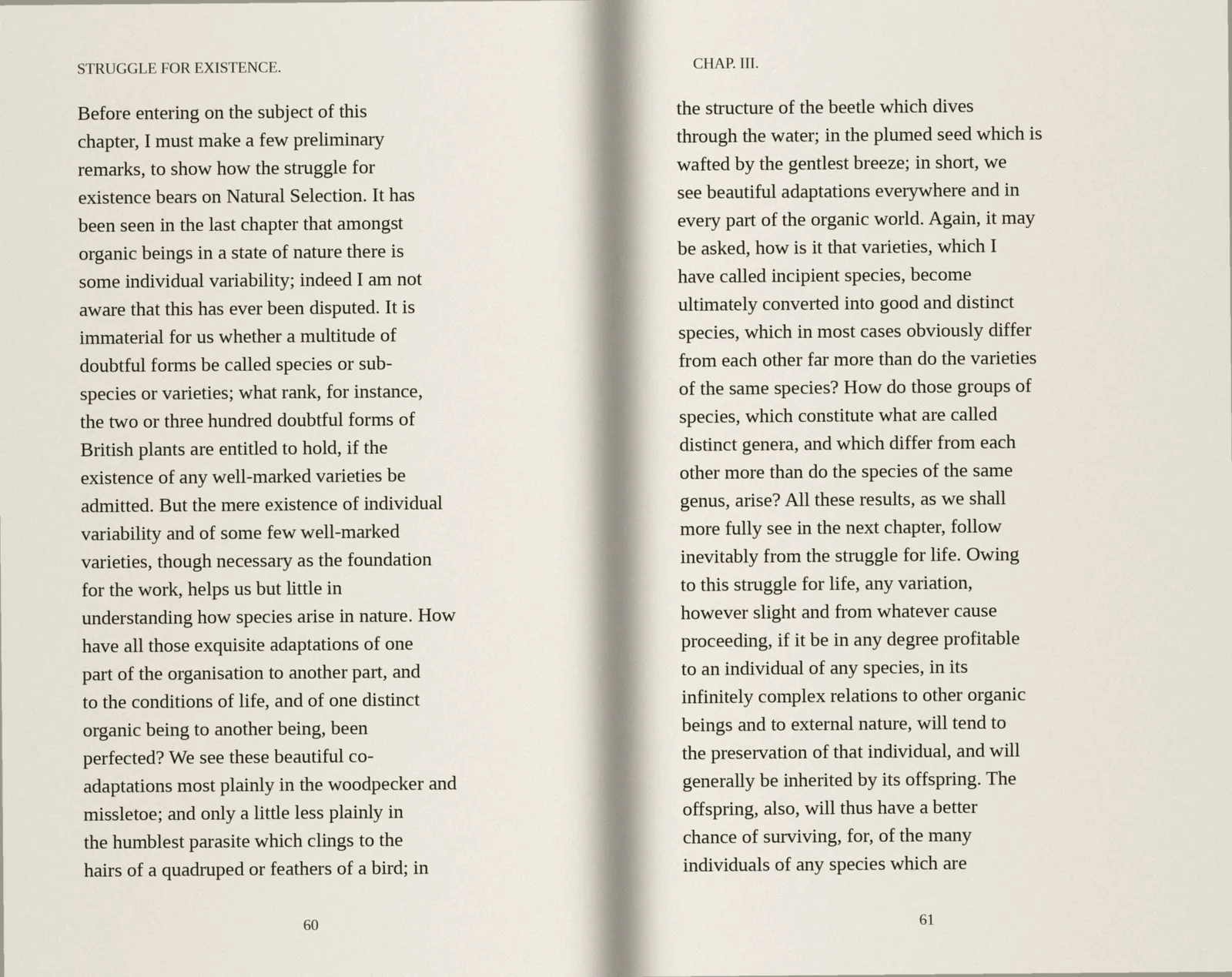 A two-page book spread, pages 60 and 61 of Darwin's On the Origin of Species, typeset from the 1859 text and made to look like a scan, with a dark shadow down the gutter