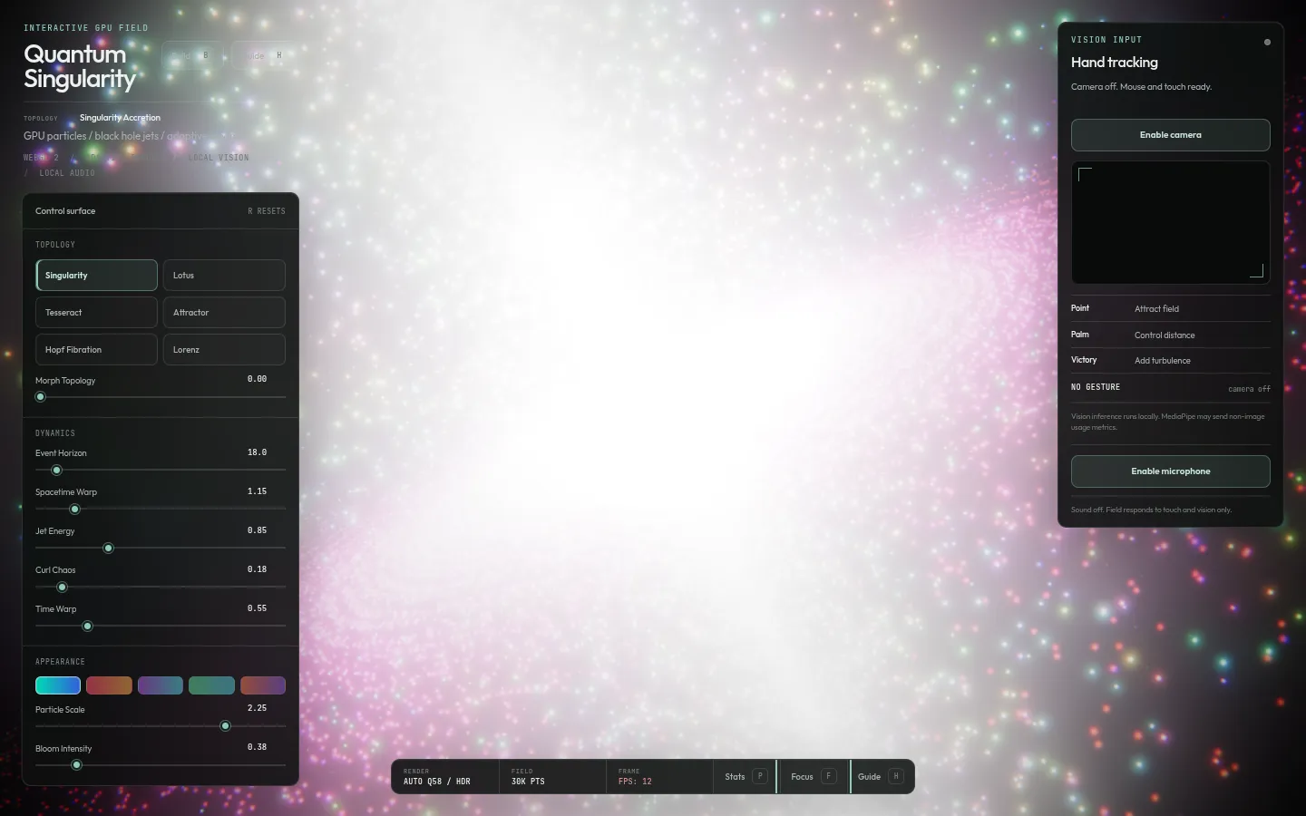 Quantum Singularity running: a bright pink and white particle field, with a panel of topology and dynamics sliders on the left and the hand-tracking panel on the right
