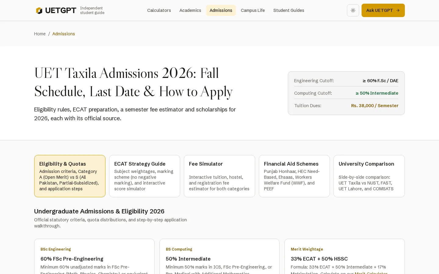 The UET GPT admissions page: the heading “UET Taxila Admissions 2026”, a box with the engineering and computing cutoffs and the tuition per semester, and links to eligibility, ECAT, fees, financial aid and a university comparison