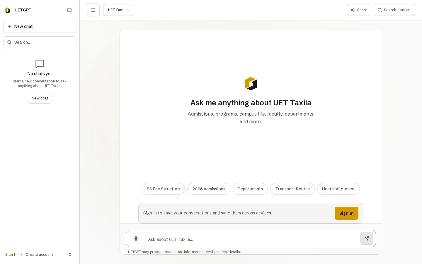 The UET GPT chat screen: “Ask me anything about UET Taxila”, suggested questions on fees, admissions, departments, transport and hostels, a question box, and a note that answers can be wrong