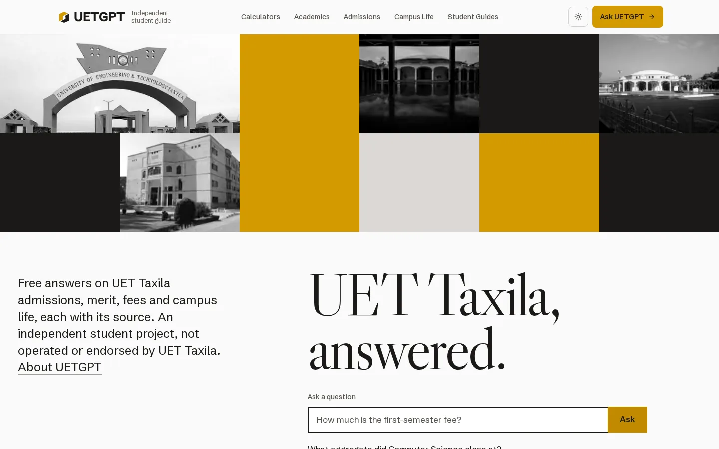 The UET GPT home page: campus photographs above the heading “UET Taxila, answered.” and a question box