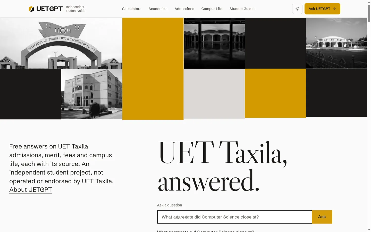 The UET GPT home page: photographs of the UET Taxila campus above the heading “UET Taxila, answered.” and a question box